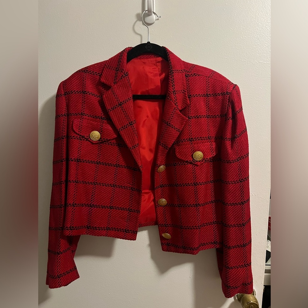 Red plaid cropped blazer with gold buttons and shoulder pads